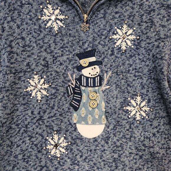 Timberlea Women's L Winter Snowman Blue Knit Sweater 1/4 Zip Pullover Snowflakes - Picture 3 of 6